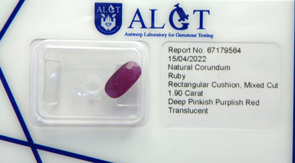 Natural Ruby 1.90 ct. Translucent, not Enhanced with Mixed Cut and ALGT Certificate