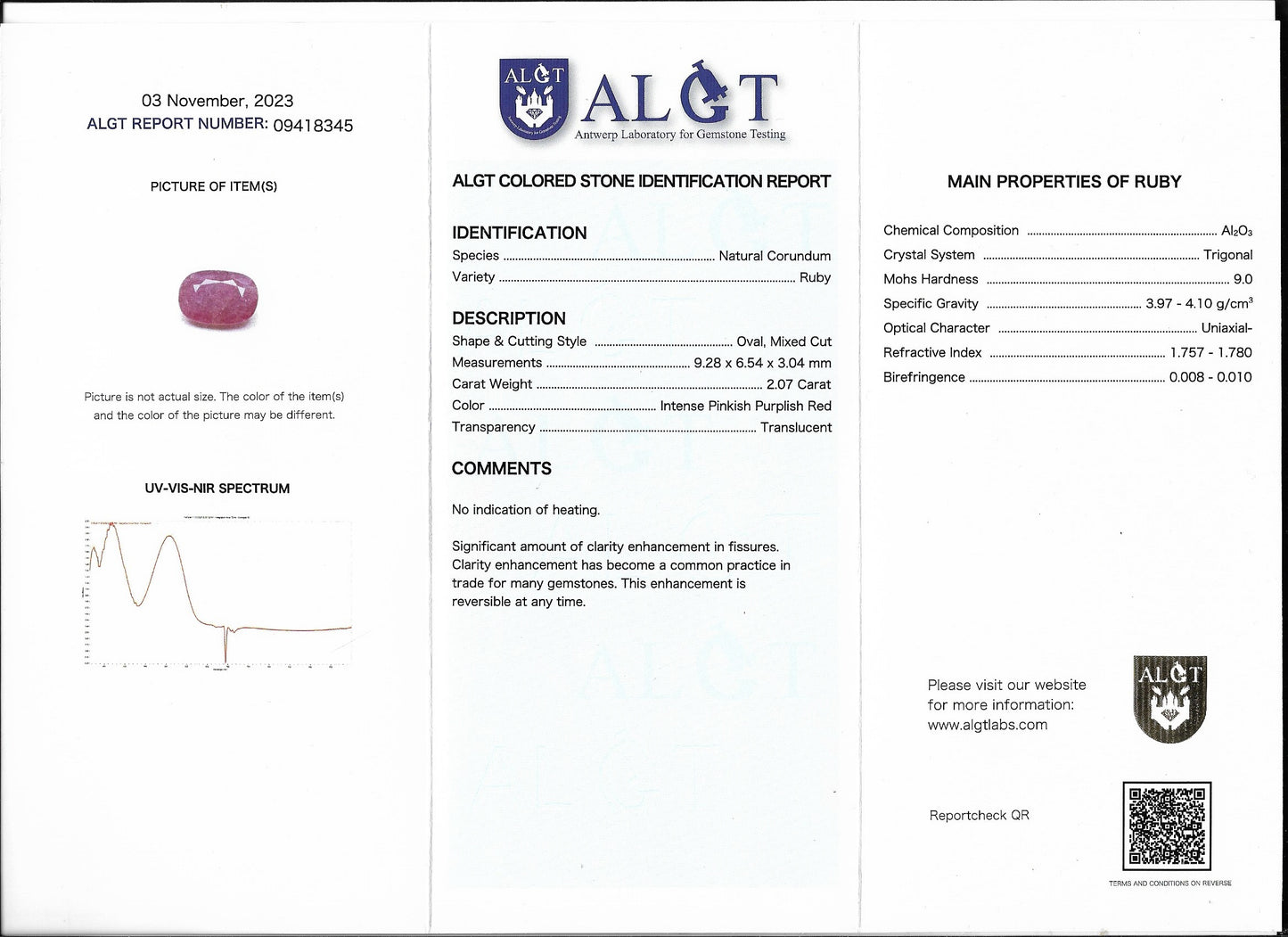 Natural Ruby Unheated and Untreated with Certificate and 2.07 ct. for Investition and Juwellery